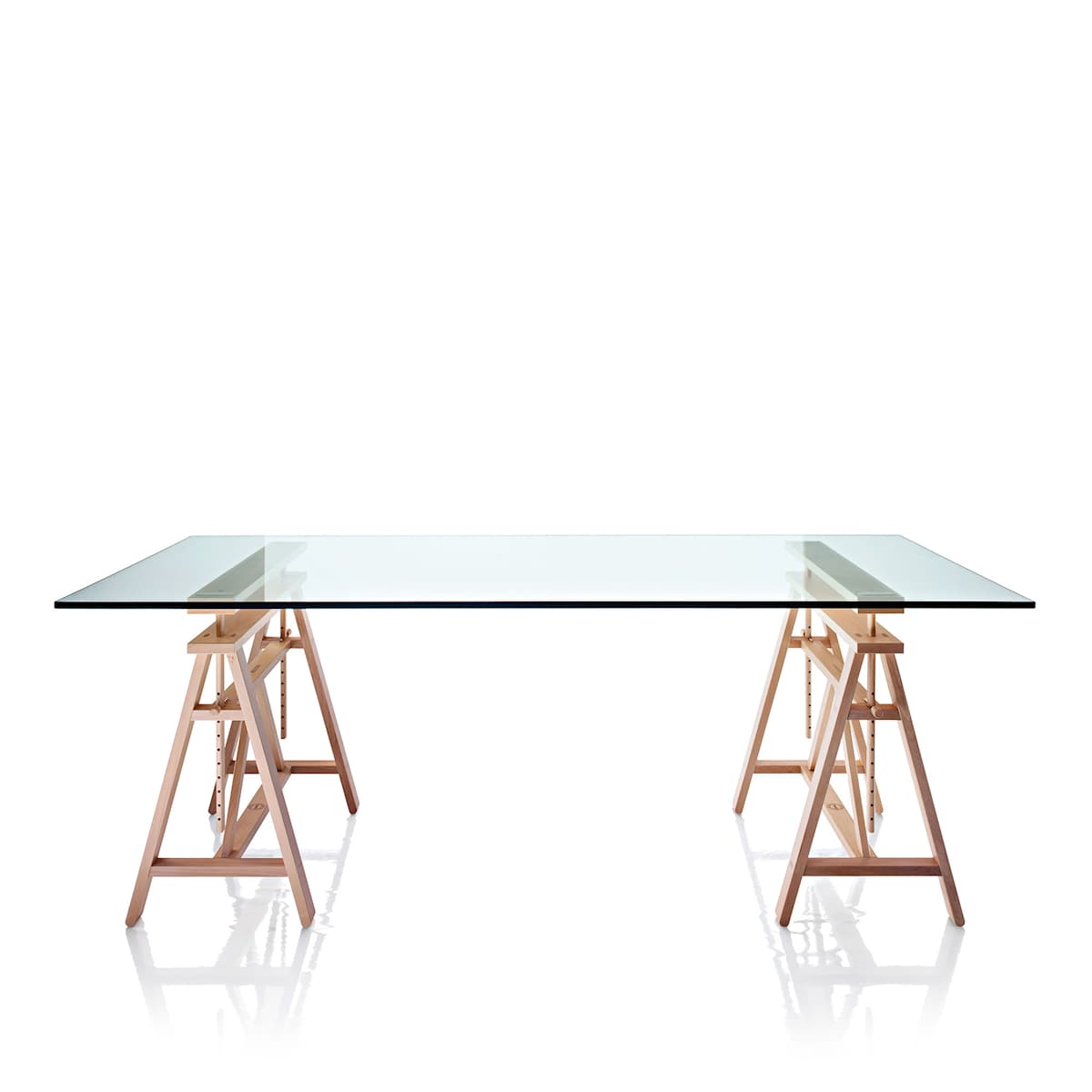 Teatro, grande table design, Magis tréteaux réglables en hêtre massif,  plateau en verre trempé, 200x90 cm