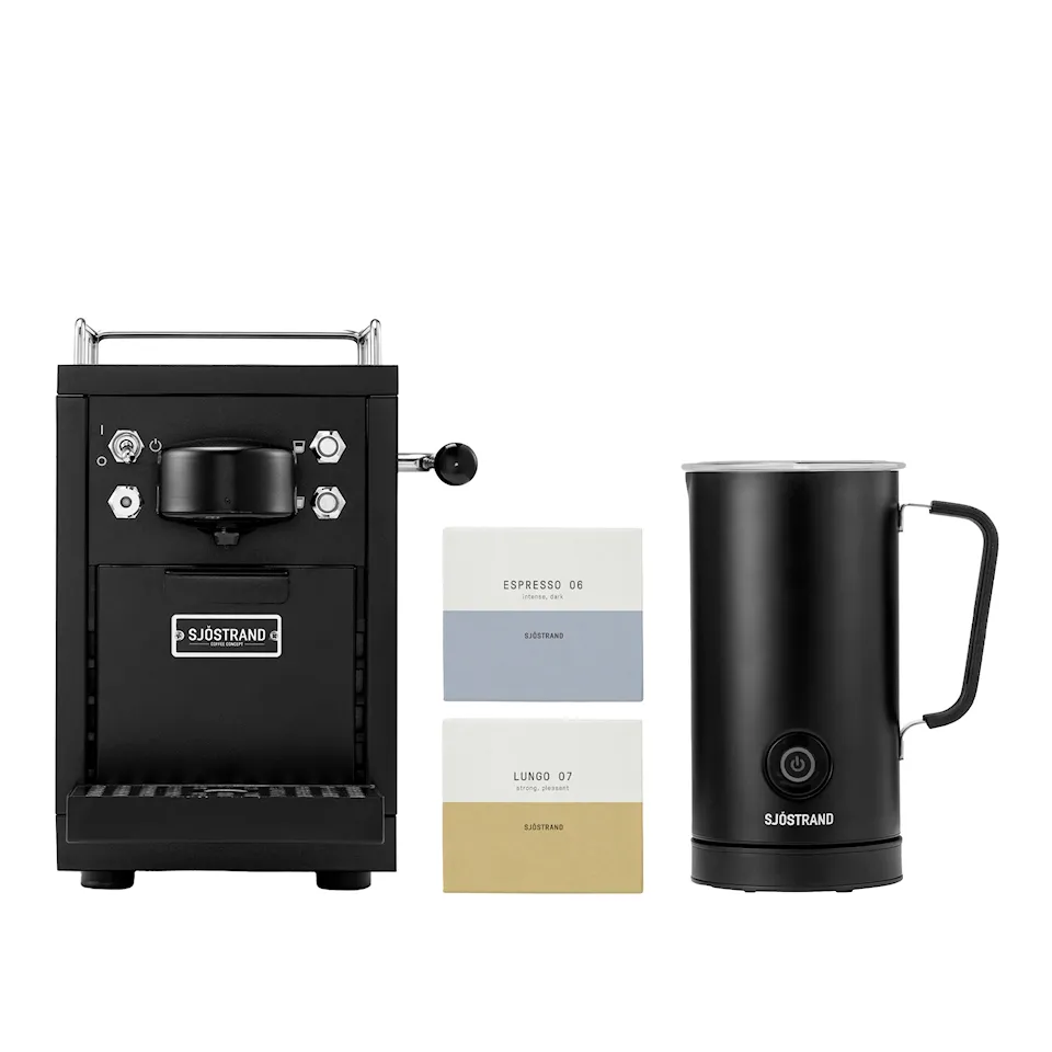 Sjöstrand Espresso Capsule Machine Black + Milk Frother Black + Coffee Capsules 40 st