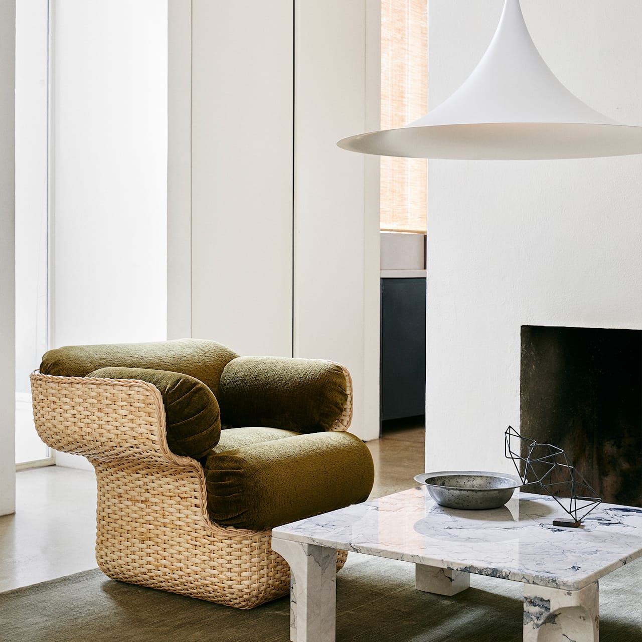 Basket Lounge Chair - Fully Upholstered Rattan Belsuede Special FR 133, Dedar